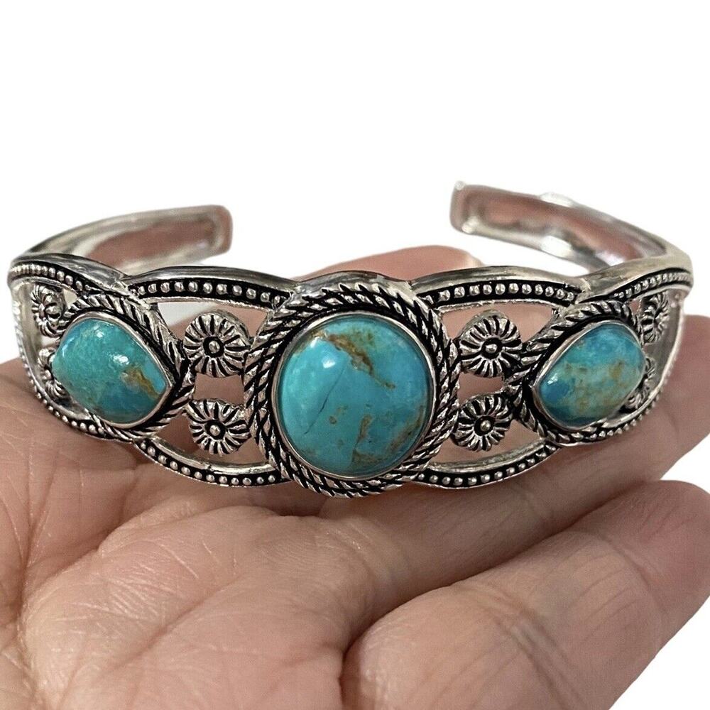 Stauer Triple Turquoise Cuff Open Bangle Silver Bracelet
